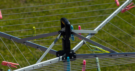  Closeup view of clothes hanger on a drying rack.