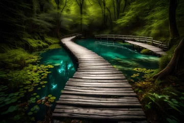 Foto op Plexiglas wooden bridge in the forest © Dilawer
