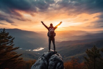 Triumphant Explorer Celebrating Atop Majestic Mountain Sunset: