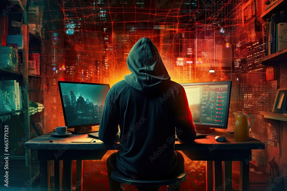 Poster hacker in hoodie sitting at desk with computer in dark room, internet security protection from hacke