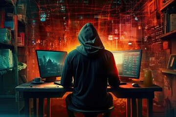 Hacker in hoodie sitting at desk with computer in dark room, Internet security protection from hacker attacking. Cyber attack and Network Security Concept, AI Generated - obrazy, fototapety, plakaty