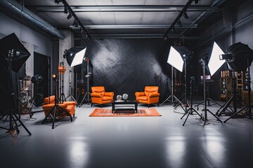 Interior of modern photo studio with orange armchairs and lighting equipment, Interior of modern photo studio with professional equipment, AI Generated - Powered by Adobe