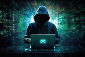 Hacker using laptop with binary code on dark background. Cyber attack concept, Internet security...