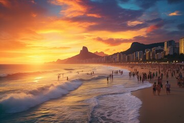 Sunset at Copacabana beach, Rio de Janeiro, Brazil, Ipanema beach in Rio de Janeiro on a gorgeous sunset, AI Generated