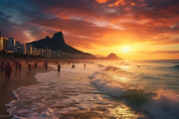 Rio de Janeiro, Brazil. View of Copacabana beach at sunset, Ipanema beach in Rio de Janeiro on a gorgeous sunset, AI Generated