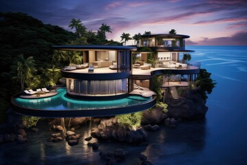 Fototapeta na wymiar 3D render of a luxury house on the seashore, Island in the middle of the ocean with an extremely luxurious black and pastel walled villa surrounding a huge jungle at night, AI Generated