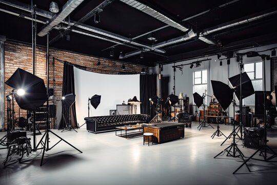 Interior of a photo studio with lighting equipment and professional equipment, Interior of modern photo studio with professional equipment, AI Generated