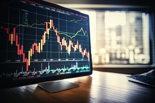 Close Up Of Computer Screen With Candlestick Chart. Finance And Trade Concept. Double Exposure, Investment Concept With Stock Market Chart And Candlestick Graph On Virtual Screen, AI Generated