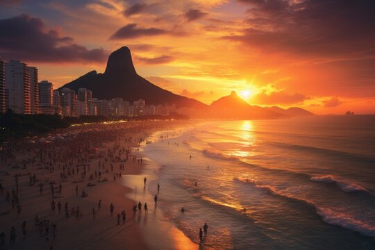 Rio de Janeiro, Brazil. View of the Rio de Janeiro beach at sunset, Ipanema beach in Rio de Janeiro on a gorgeous sunset, AI Generated