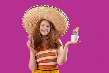 Happy Mexican woman with tequila and cactus on purple background