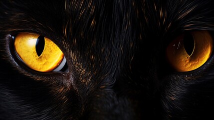 Orange cat eyes glow in the dark on a black background, close up of a black cat's face.