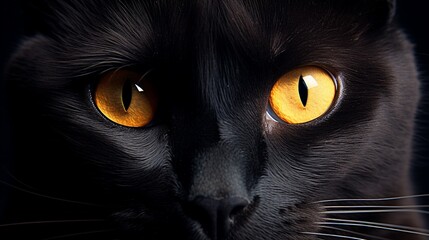 Orange cat eyes glow in the dark on a black background, close up of a black cat's face.