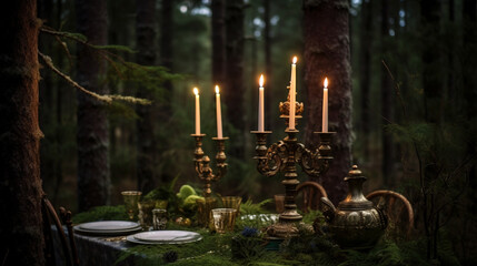 Rustic wrought-iron candlesticks set amidst a forest of deep green pine, enhancing the magic of a winter's evening