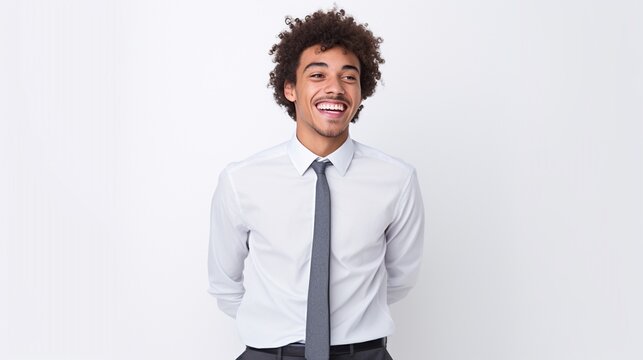 Indoor portrait of handsome European dressed up young man isolated on white background dressed in white formal shirt standing in front of camera, feeling positive, joyful and confident.
