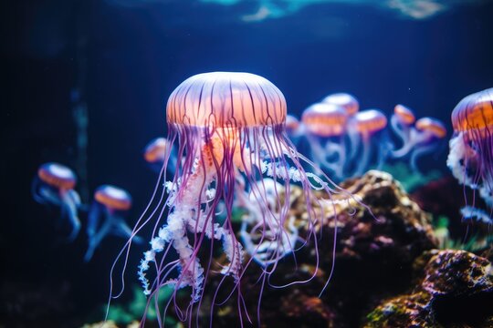 Beautiful jellyfish in the aquarium. Underwater world. Marine life, Jellyfish in the aquarium. Picture of a beautiful jellyfish, AI Generated