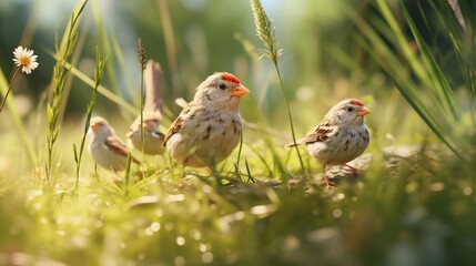 A family of finches foraging for seeds in a sun-dappled meadow, their tiny beaks expertly plucking morsels from the grass.