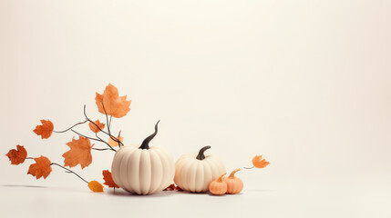Obraz na płótnie Canvas A bunch of pumpkins and leaves in the style of minimalist. Template for Happy Halloween banner with autumn elements