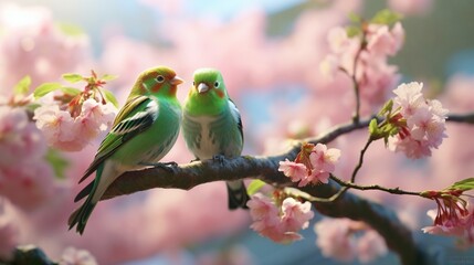 A pair of finches flitting through a garden, their emerald green plumage contrasting against the delicate pink of cherry blossoms. - obrazy, fototapety, plakaty