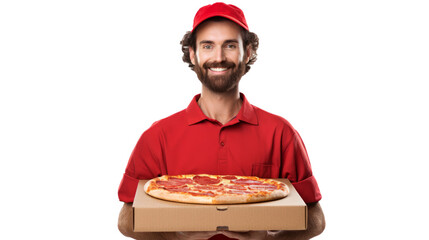 Pizza delivery guy with pizza isolated on transparent background