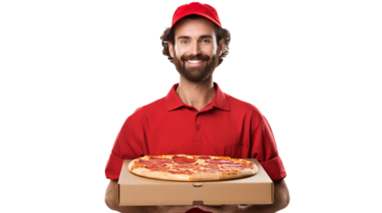Pizza delivery guy with pizza isolated on transparent background