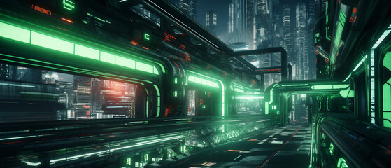 Futuristic cyberpunk urban cityscape, Neon Lights, train in motion