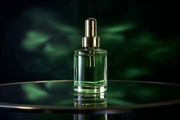 Luxurious serum cosmetics on black podium with green background and beautiful shadows. Generative AI