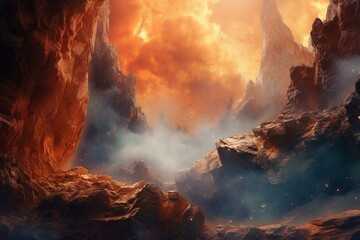 Hyper-detailed canyon with floating clouds, shimmering particles, and bokeh in ultra-wide angle - a cinematic abstract landscape. Generative AI - obrazy, fototapety, plakaty