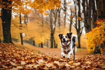 Obraz premium person walking with dog in autumn park