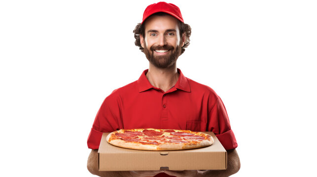 Pizza delivery guy with pizza isolated on transparent background - Powered by Adobe
