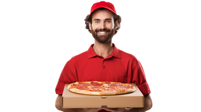 Pizza delivery guy with pizza isolated on transparent background