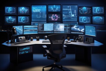 Naklejka premium Multi monitor cybersecurity analyst workstation monitoring system with multiple screens