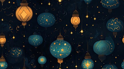 a rich Arabian aesthetic, featuring ornate lanterns suspended in a starry night sky. SEAMLESS PATTERN. SEAMLESS WALLPAPER.