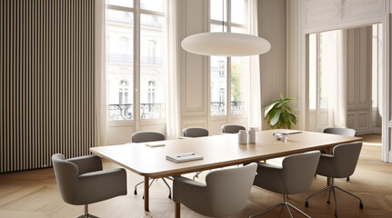 Fototapeta premium Wooden table and chairs against blue wall. Mid-century style interior design of modern