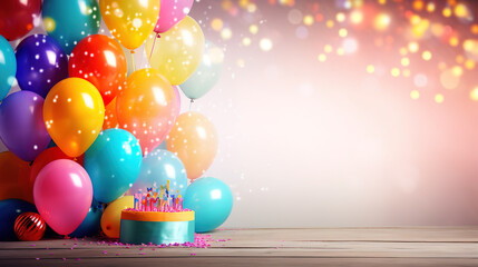 Birthday party elements colorful balloons and Cake background