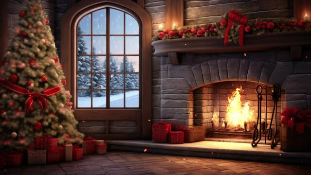 Illuminated Christmas tree, cozy fireplace, stockings, and snowy view. Traditional holiday mood.