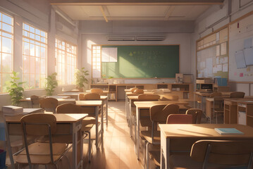 Fototapeta na wymiar Empty Classroom Anime Style AI Generated