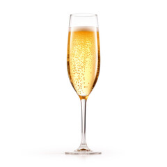 A crystal-clear flute glass of champagne isolated on white background