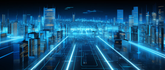 Obraz premium Futuristic cybernetic city background, background with lines