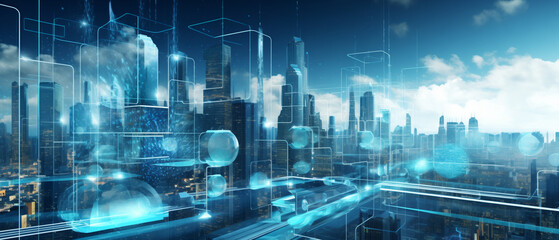 Fototapeta na wymiar Futuristic cybernetic city background, abstract background with city