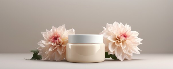 Fototapeta na wymiar Blank 3D Cream Jar Adorned With Dahlia Flowers, Presented In Elegant Mockup