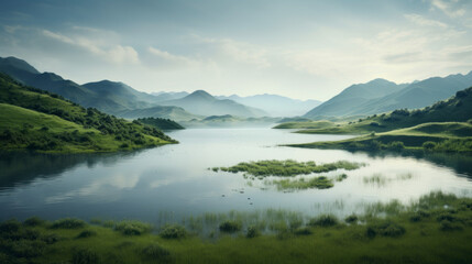 A murky lake is nestled between two steep hills, its surface rippling in the gentle breeze