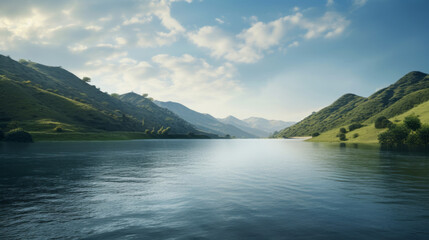 Obraz premium A murky lake is nestled between two steep hills, its surface rippling in the gentle breeze