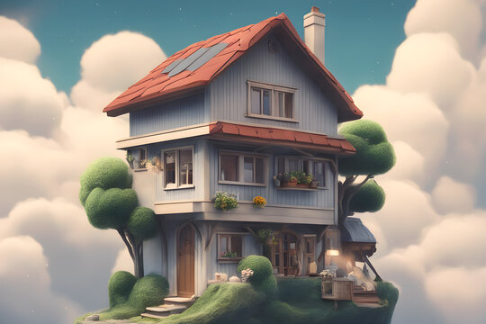 small home up in the cloud, floating in the sky. AI generated.