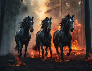 Three black horses running from fire, ai generated