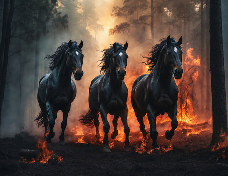 Three black horses running from fire, ai generated
