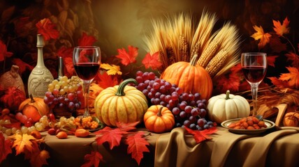 Naklejka na ściany i meble Thanksgiving decorative backgrounds with clipart elements that capture the essence of the holiday season, from turkeys to pumpkins, leaves, and more.
