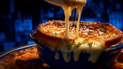 Cheese and Onion Soup - Gooey Gourmet Goodness, Crusty Bread, and Melty Delights - A Closeup of Hearty Soup Comfort - obrazy, fototapety, plakaty