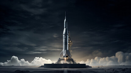A model rocket, sitting atop a launch pad - obrazy, fototapety, plakaty
