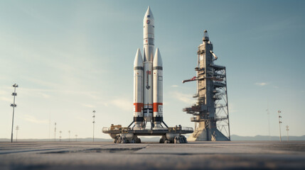 A model rocket, sitting atop a launch pad - obrazy, fototapety, plakaty