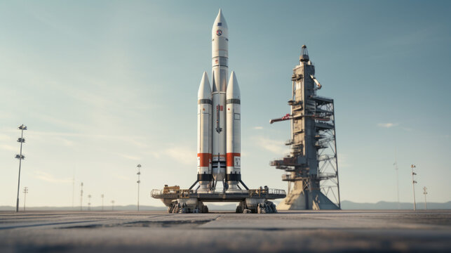 A model rocket, sitting atop a launch pad